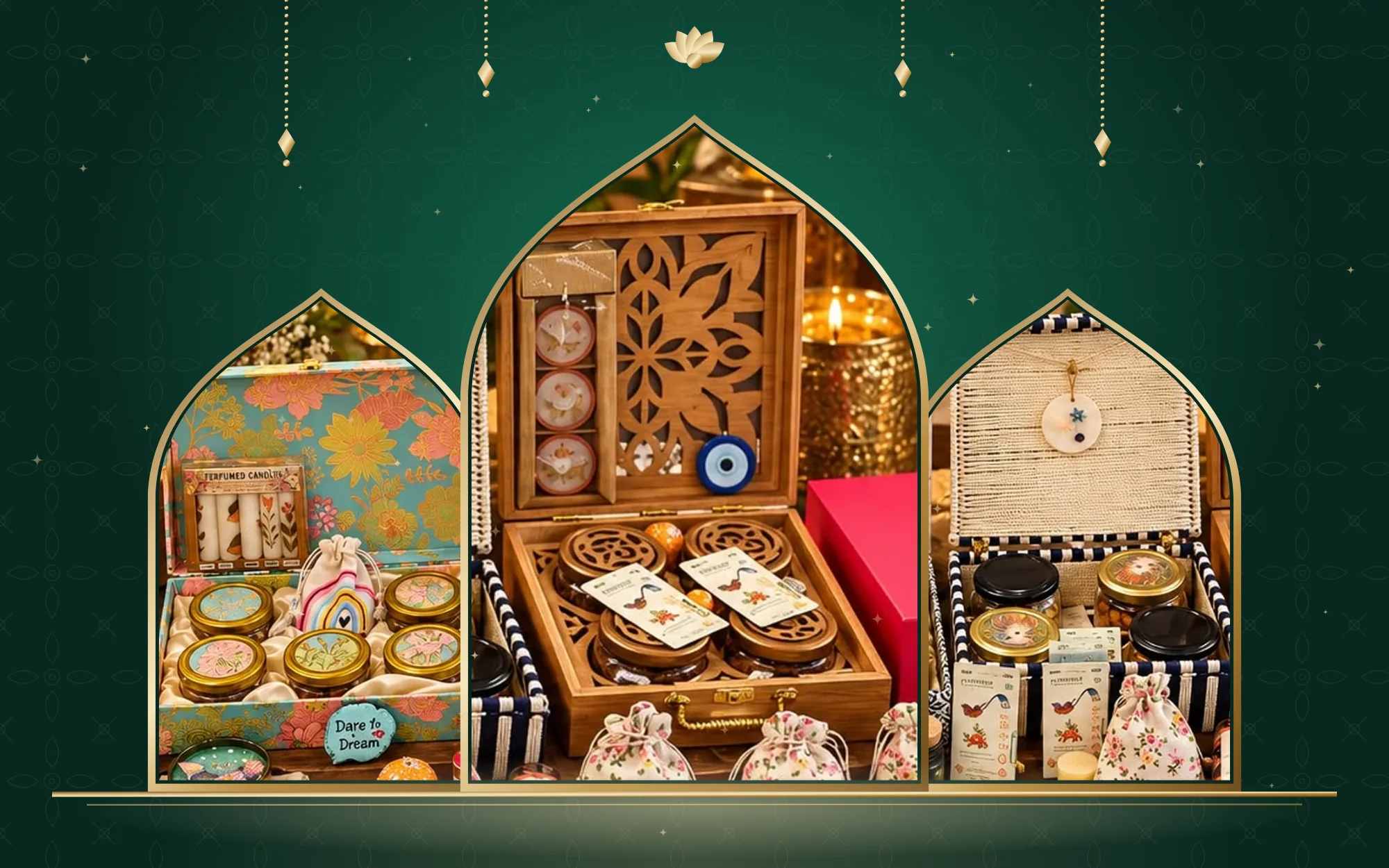 Three Bharat Secrets keepsake boxes presented in gilded palace arches